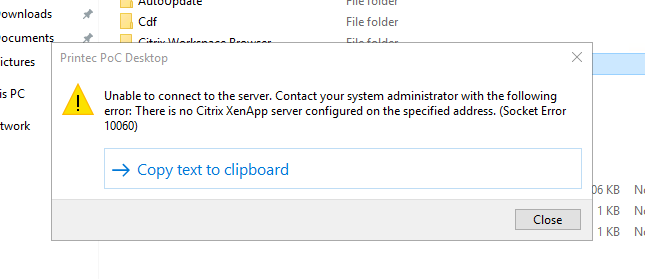 There is no Citrix XenApp server configured on the specified address. (Socket Error 10060)
