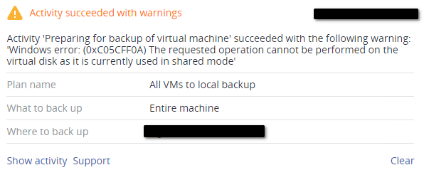 Acronis Cyber Protect 15 virtual machine backup not working when using shared mode virtual disks vhds